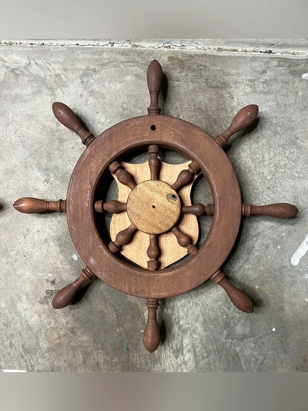 Wooden Ship Wheel Wall Decor with Carved Shield Accent (Dark)